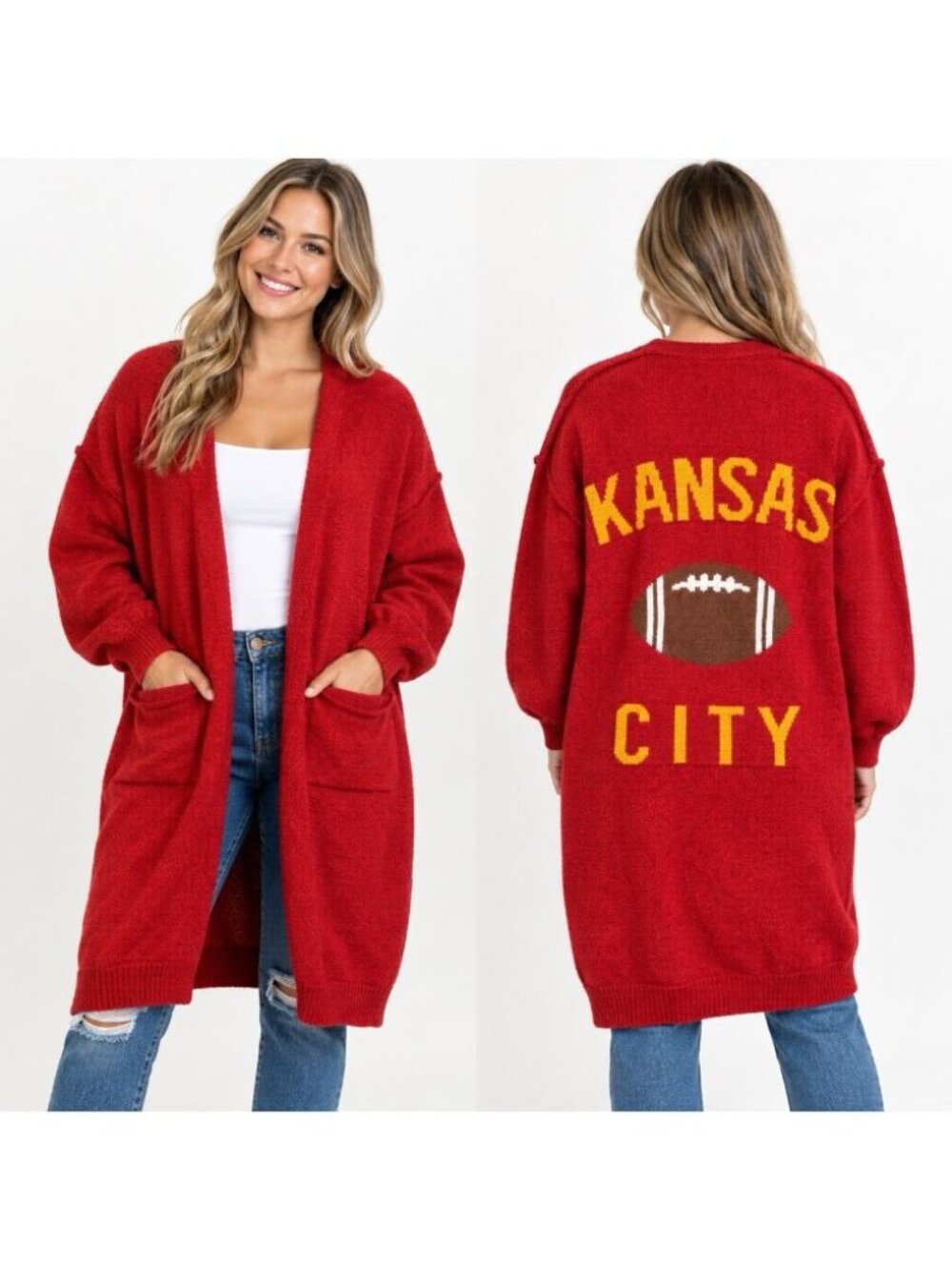 Love Letters Kansas City Football Red Oversized Cardigan Sweater One Size